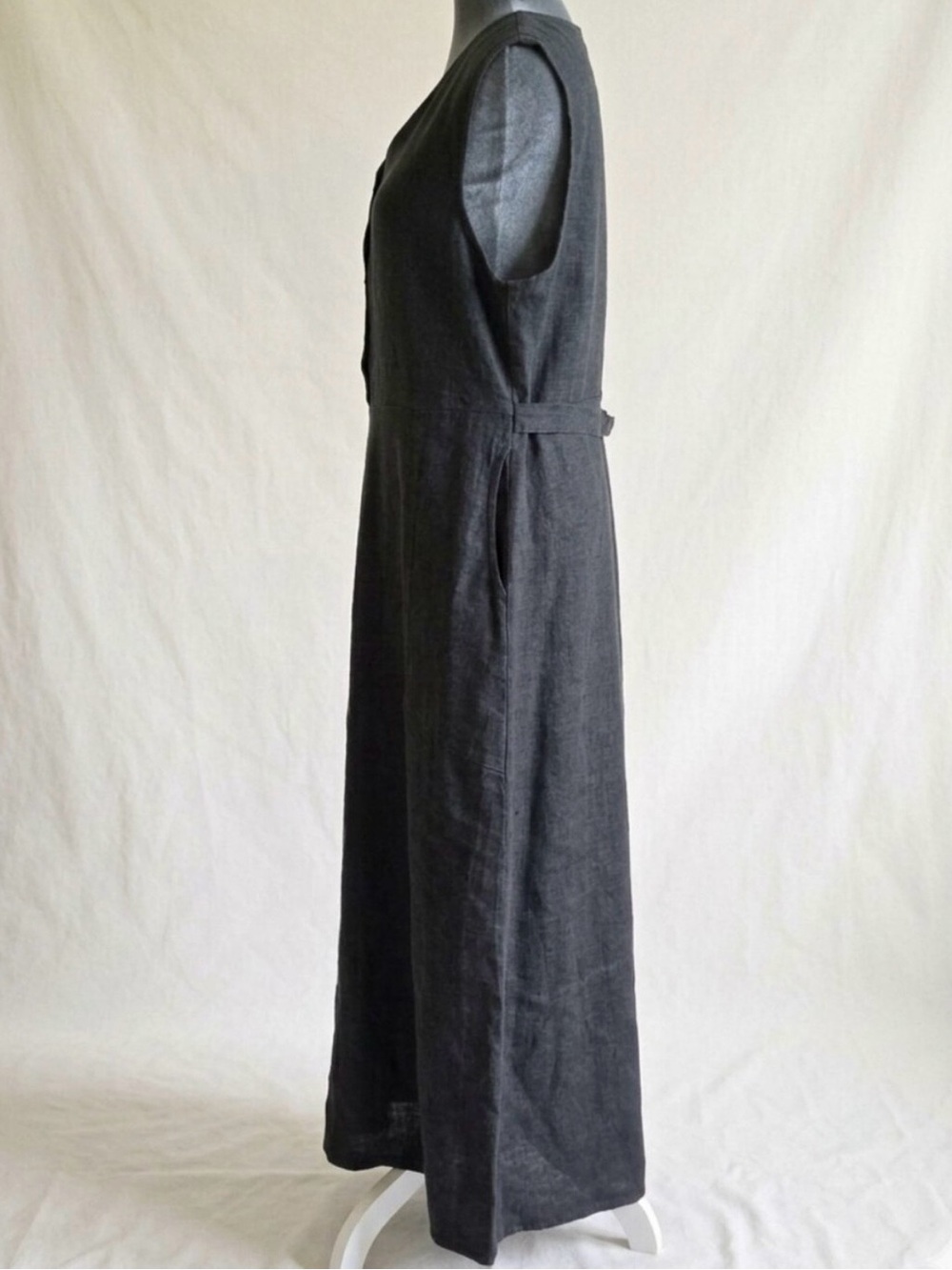 Vintage FLAX Jeanne Engelhart 100% Linen Grey Maxi Dress Button Front Pockets M - Picture 6 of 16